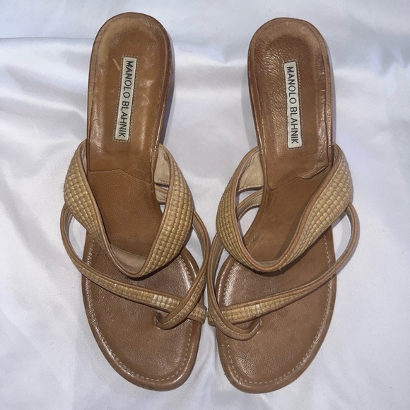 🚫SOLD🚫Manolo Blahniks Raffia Tan Slip On Wedge Vintage Leather Strappy Sandal41 - Picture 8 of 12